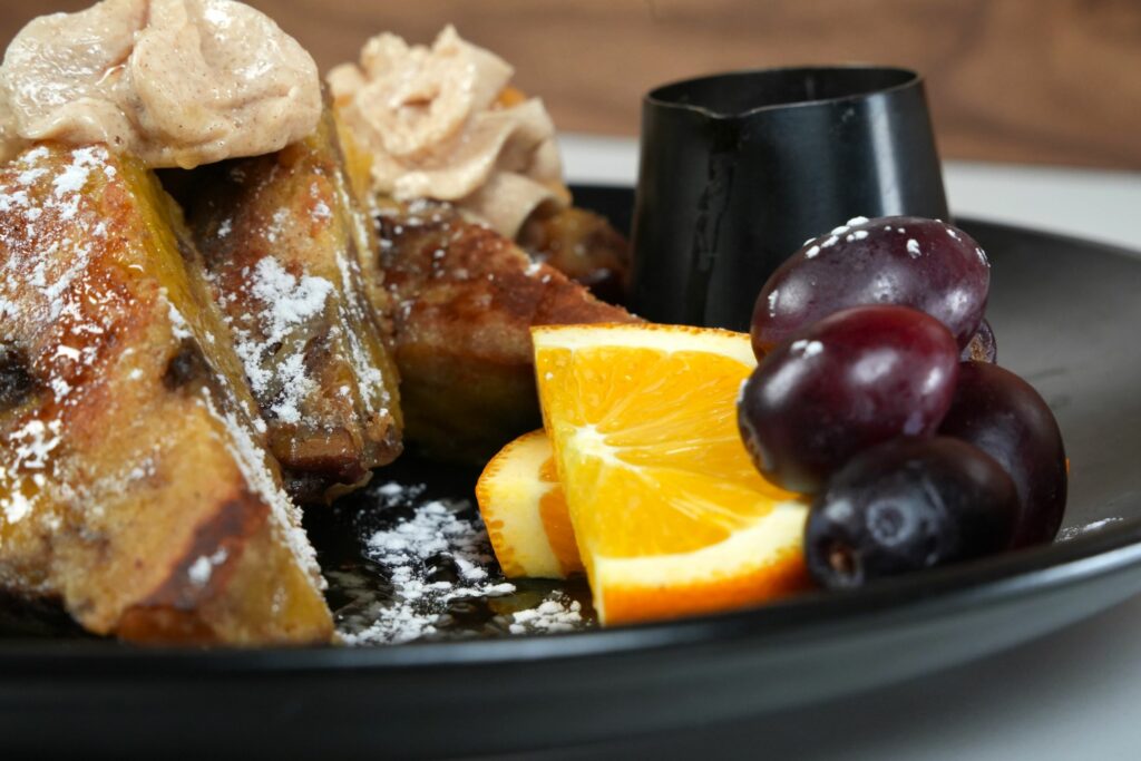 French Toast with oranges and grapes.